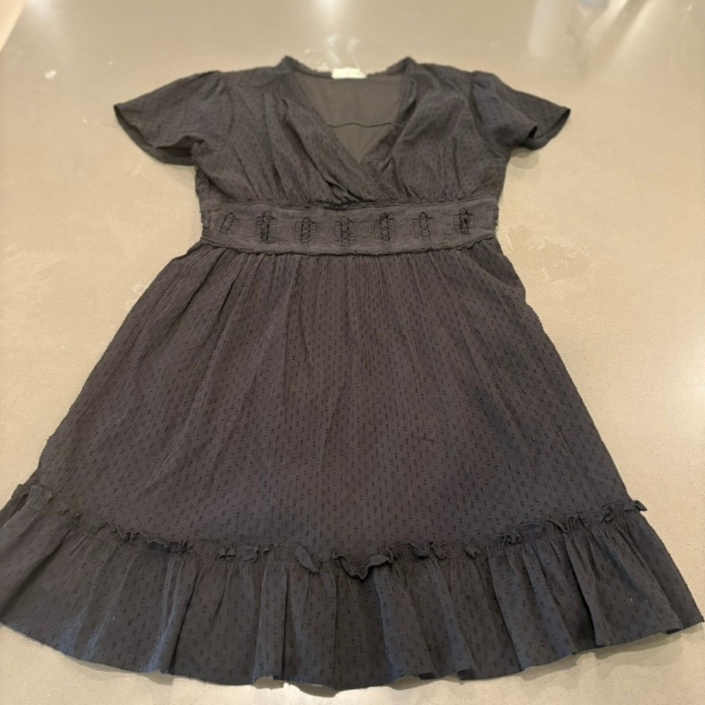 Altar'd State Black Swiss Dot Lace Waist Mini Dress V-Neck Ruffle Hem Medium